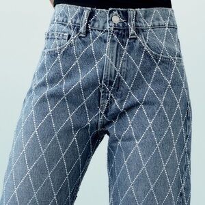 Zara Blue High Rise Jeans with Diamond Pattern